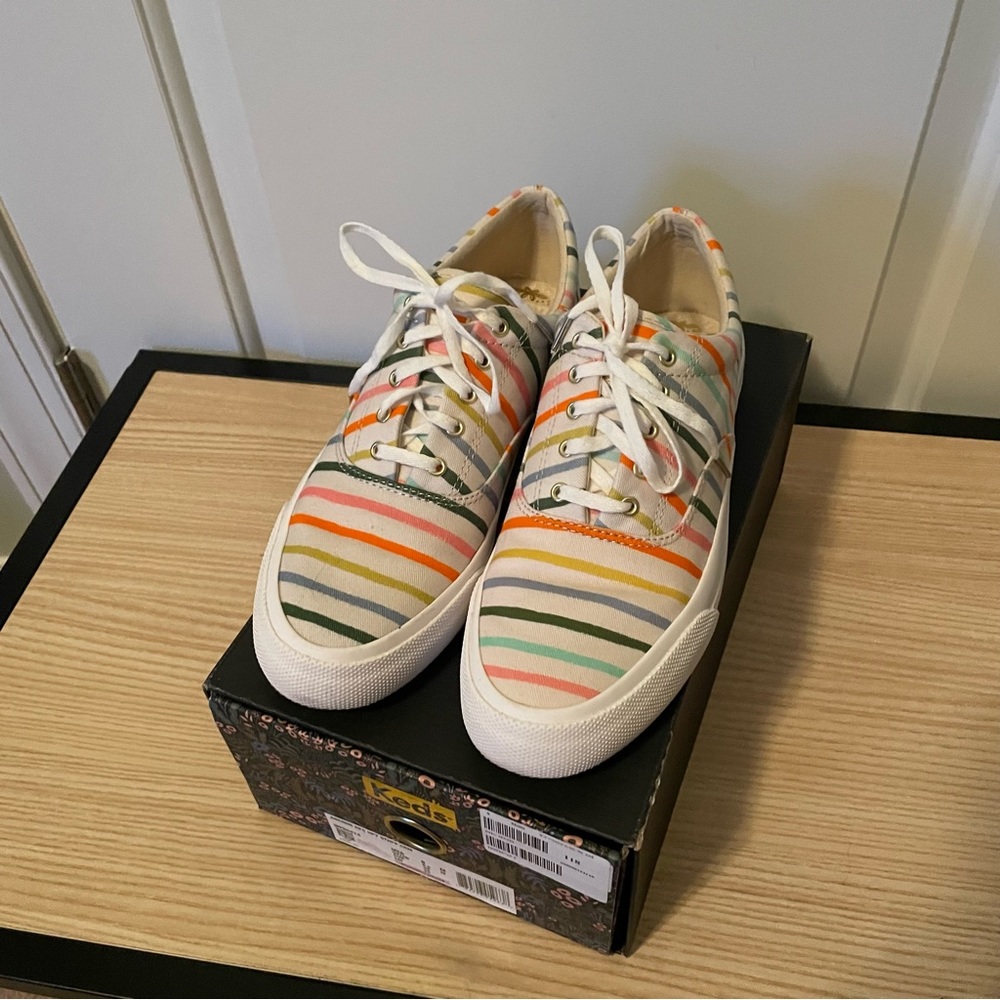 RARE Keds x Rifle Paper Co. striped raonbow canvas shoes